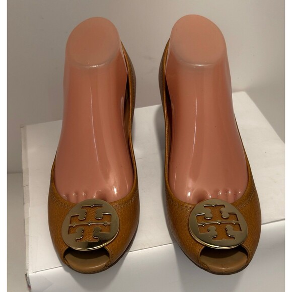 Tory Burch Tan Leather 8M Peep Toe Wedge Heels Shoes - Picture 2 of 9